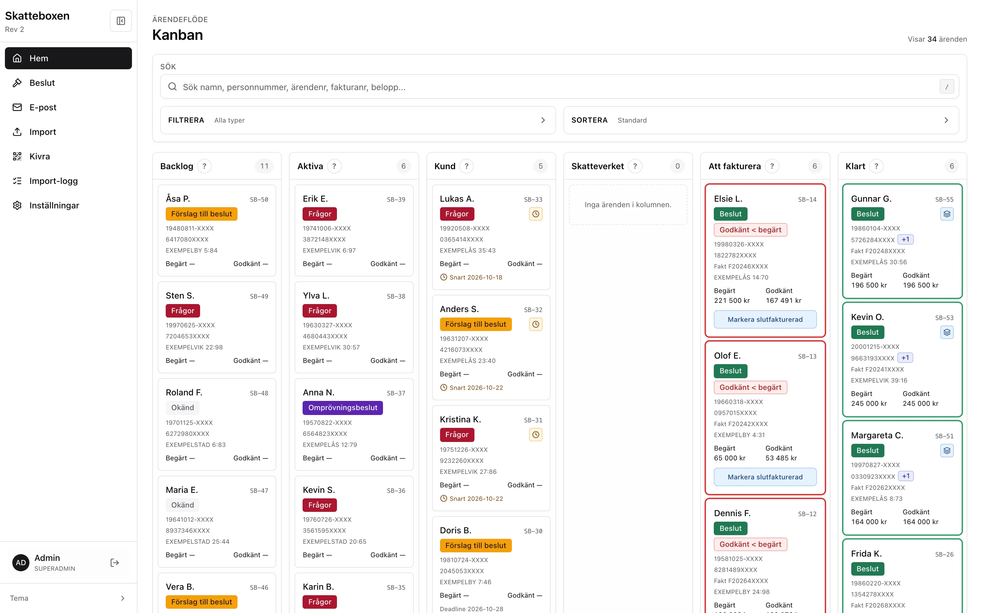Kanban-tavla i ärendehanteringssystemet med kolumner för backlog, aktiva ärenden, kund, Skatteverket, att fakturera och klart. Demodata.