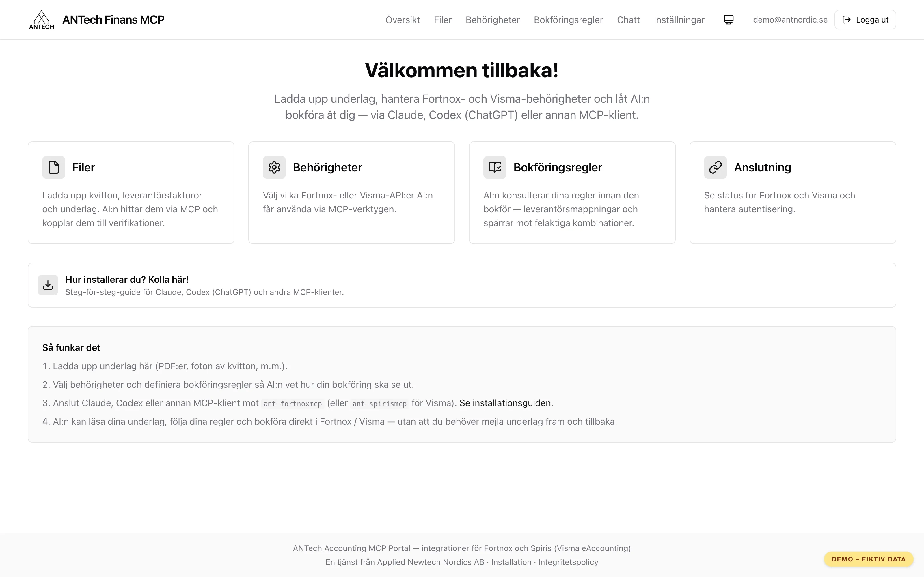 Portalen där Fortnox-kontot kopplas och behörigheter och konteringsregler för AI:n sätts. Demodata.